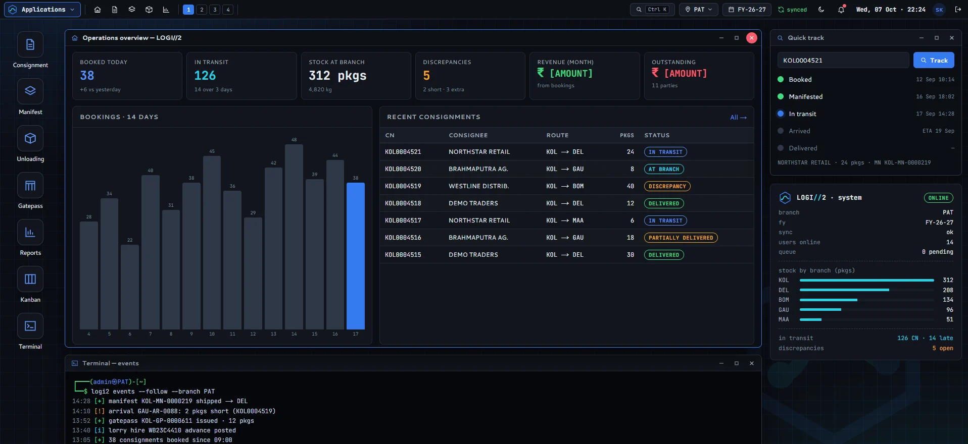 LOGI // 2 operations overview: bookings, stock at branch, recent consignments and a live event terminal